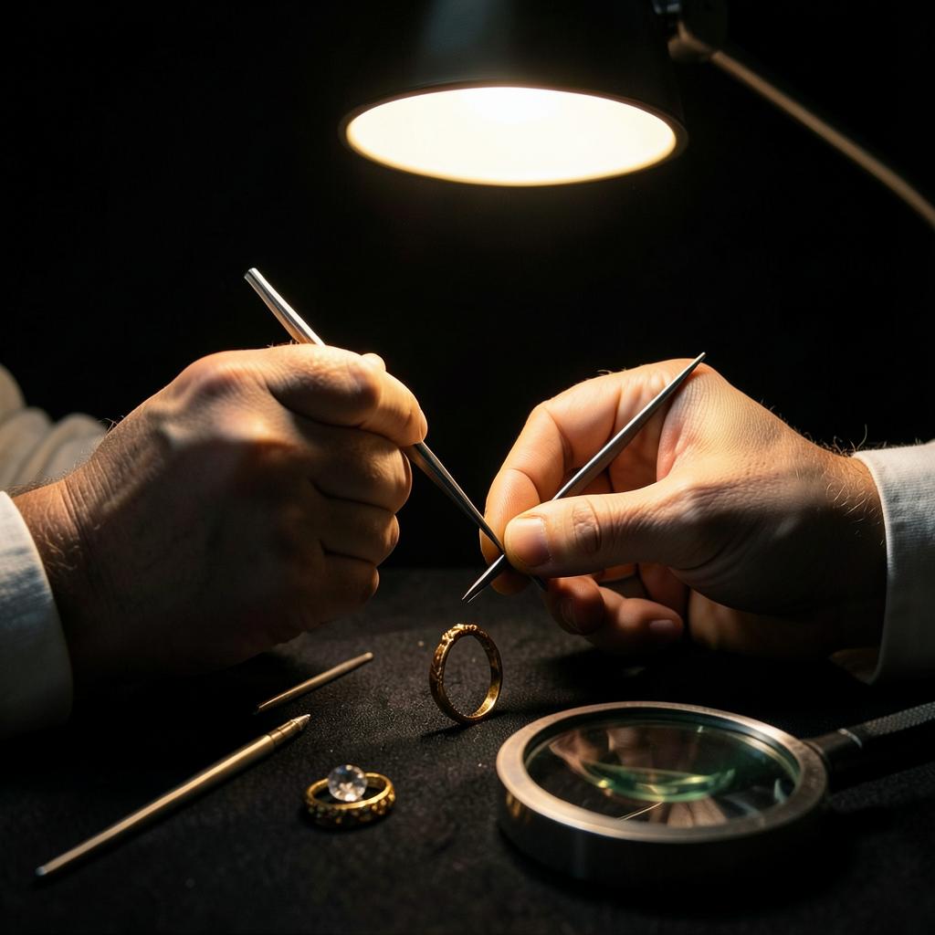 Mani del perito che esaminano un anello antico con le pinzette sotto la lampada da studio
