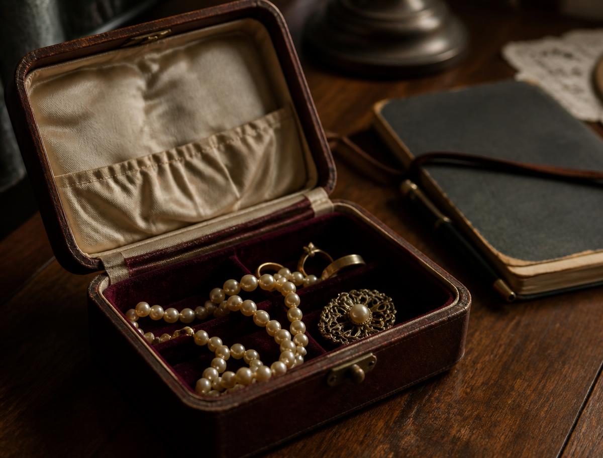 Cofanetto di gioielli di famiglia aperto su un tavolo di legno, con collana di perle, anello e spilla