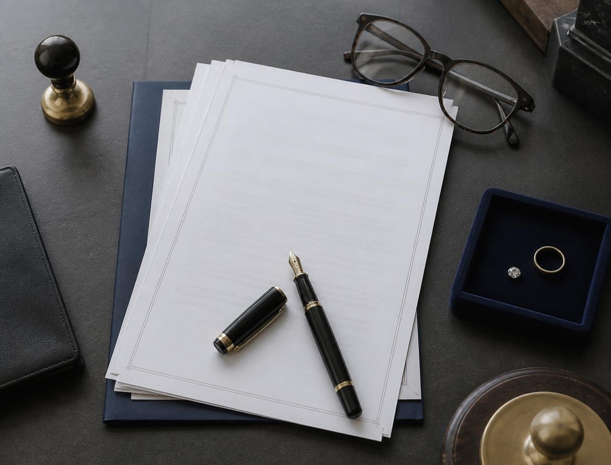 Scrivania di studio notarile con documenti, penna stilografica e vassoio con anello d'oro e diamante