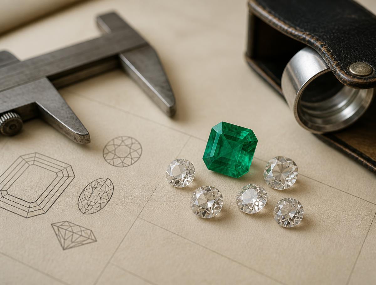 Smeraldo e diamanti di taglio antico su una scheda di perizia, accanto a un calibro e a una lente